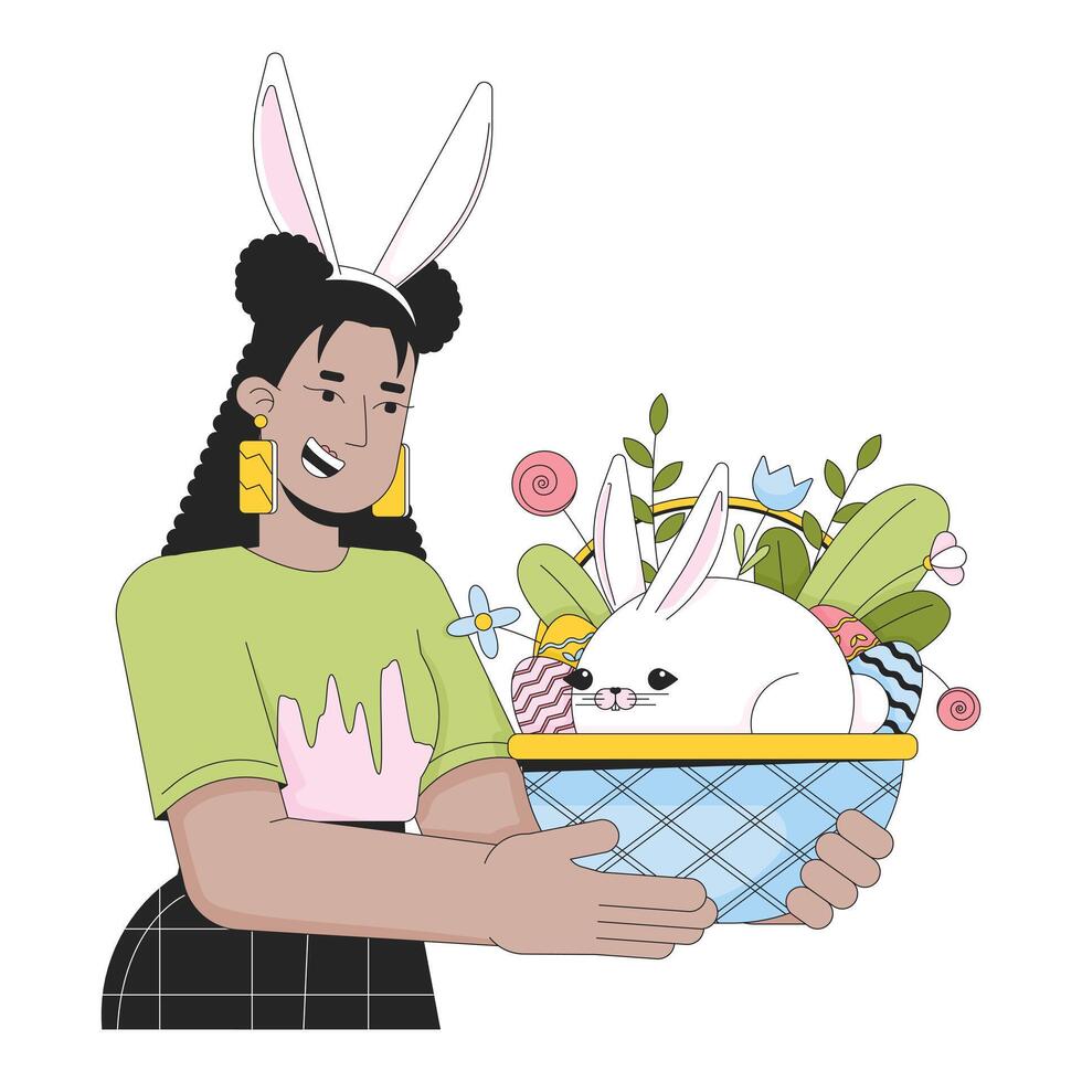 Happy Eastertide weekend 2D linear illustration concept. Rabbit ears woman holding Easter bunny basket cartoon character isolated on white. Paschal metaphor abstract flat vector outline graphic