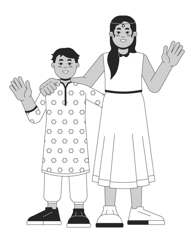 Little indian siblings black and white 2D line cartoon characters. Hugging together brother sister isolated vector outline people. Hindu festival lights Deepawali monochromatic flat spot illustration