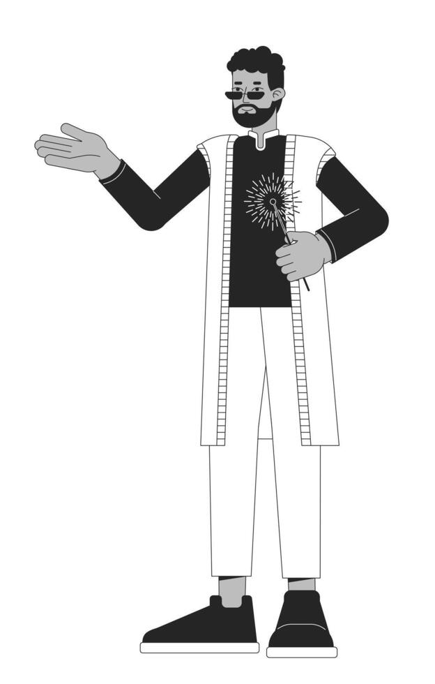 Dhoti kurta guy with bengal light black and white 2D line cartoon character. African american bearded isolated vector outline person. Hindu festival of lights monochromatic flat spot illustration