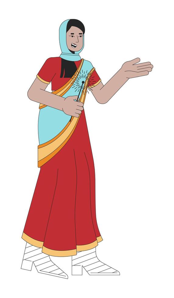 Islamic hijab smiling woman with bengal light 2D linear cartoon character. Young adult isolated line vector person white background. Hindu festival of lights Deepawali color flat spot illustration