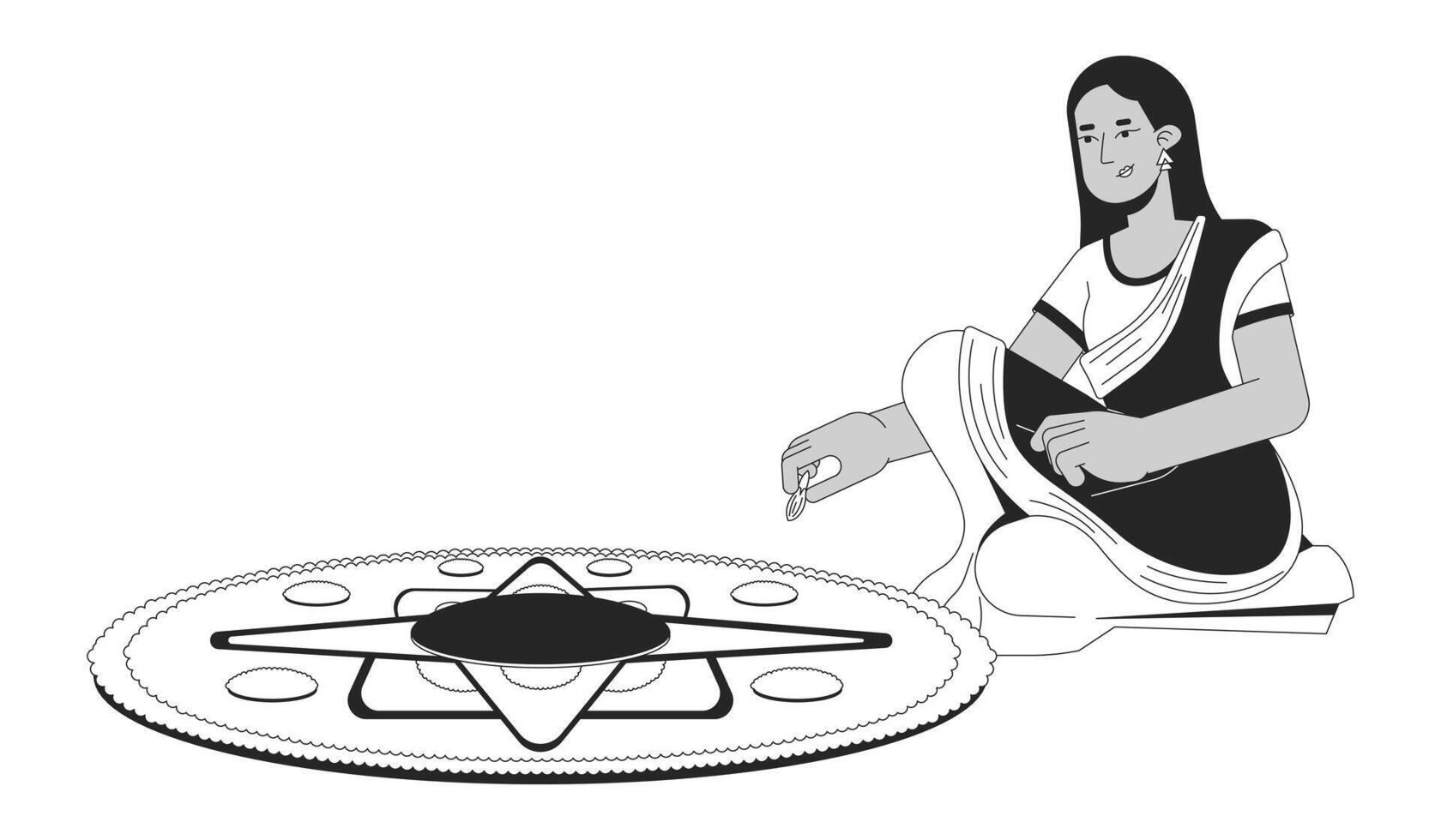 joven indio mujer haciendo Muggu negro y blanco 2d línea dibujos animados personaje. sur asiático dama aislado vector contorno persona. hindú festival de luces deepawali monocromo plano Mancha ilustración