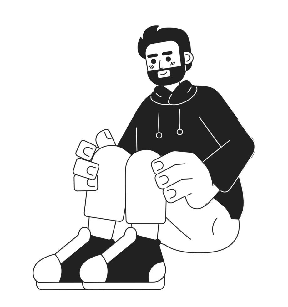 sentado caucásico barbado hombre negro y blanco 2d dibujos animados personaje. casual atuendo europeo chico aislado vector contorno persona. ocio relajado. barba masculino sonriente monocromo plano Mancha ilustración