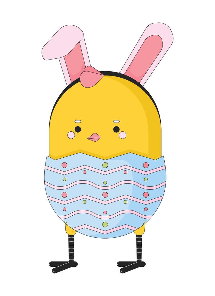 Easter chick egg wearing bunny ears 2D linear illustration concept. Funny baby chicken rabbit ears cartoon character isolated on white. Eastertime happy metaphor abstract flat vector outline graphic