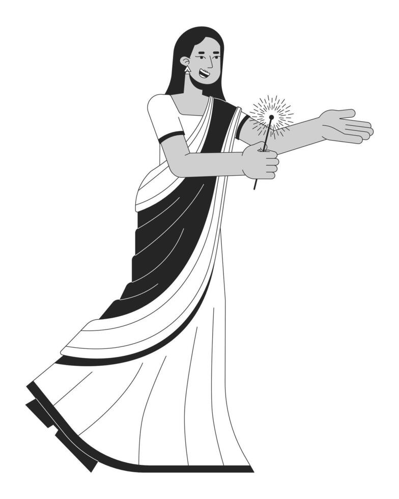 Sari wearing happy woman with bengal light black and white 2D line cartoon character. Walking lady isolated vector outline person. Hindu festival of lights monochromatic flat spot illustration