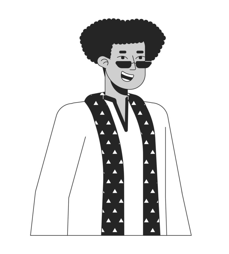 tradicional kurta Hispano hombre Gafas de sol negro y blanco 2d línea dibujos animados personaje. sonriente masculino aislado vector contorno persona. hindú festival luces deepawali monocromo plano Mancha ilustración