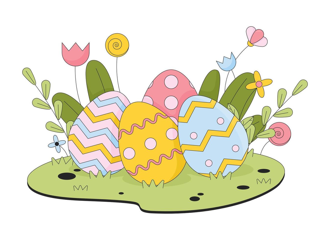 Hidden Easter eggs in grass flowers line cartoon flat illustration. April paschal tradition 2D lineart objects isolated on white background. Eastertide custom. Easter-egg hunt scene vector color image