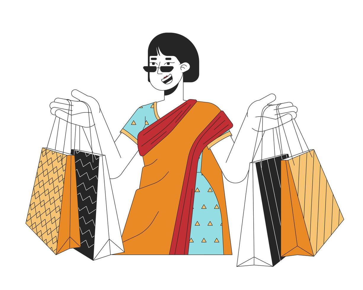 Korean woman celebrating Diwali with gift bags 2D linear cartoon character. Happy lady isolated line vector person white background. Hindu festival of lights Deepawali color flat spot illustration