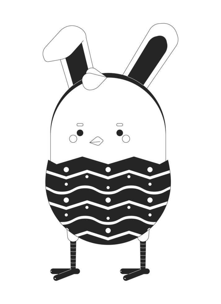 Easter chick egg wearing bunny ears black and white 2D illustration concept. Funny baby chicken rabbit ears cartoon outline character isolated on white. Eastertime happy metaphor monochrome vector art
