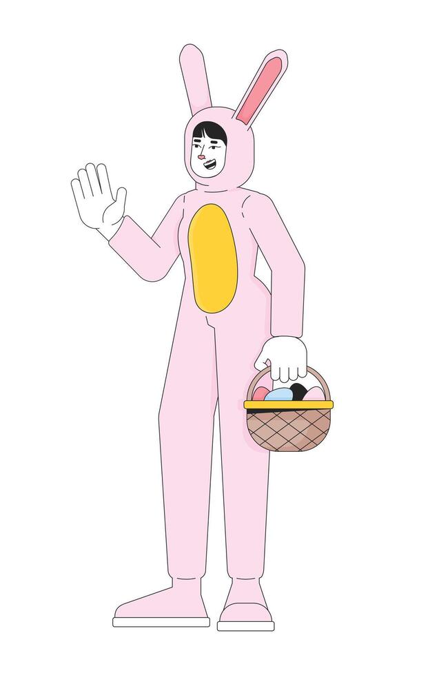 Pascua de Resurrección conejito mujer asiático 2d lineal dibujos animados personaje. joven adulto hembra mascota Conejo aislado línea vector persona blanco antecedentes. liebre disfraz niña participación cesta color plano Mancha ilustración