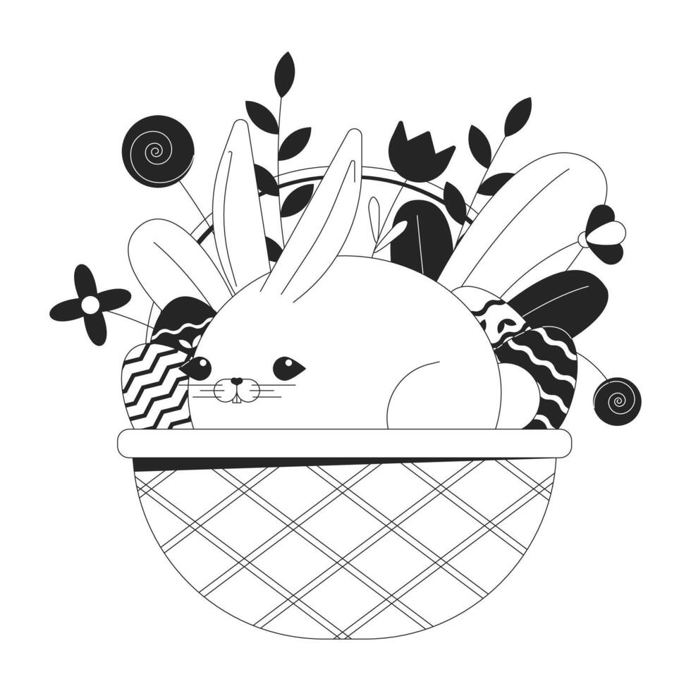 Rabbit Easter basket black and white 2D illustration concept. Bunny basket eggs spring flowers cartoon outline character isolated on white. Paschal animal springtime metaphor monochrome vector art