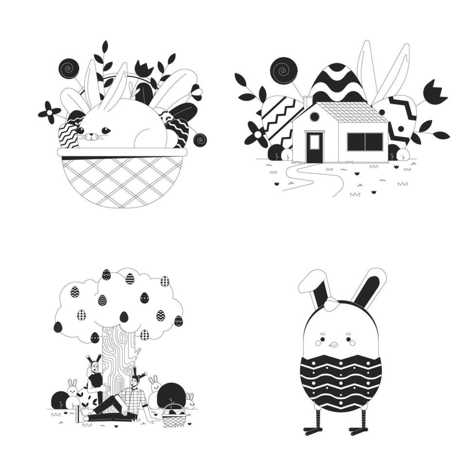 Easter-eggs festivities black and white 2D illustrations concept set. Bunny basket, chicken Eastertime cartoon outline characters isolated on white. Eggs hunt metaphor monochrome vector art collection