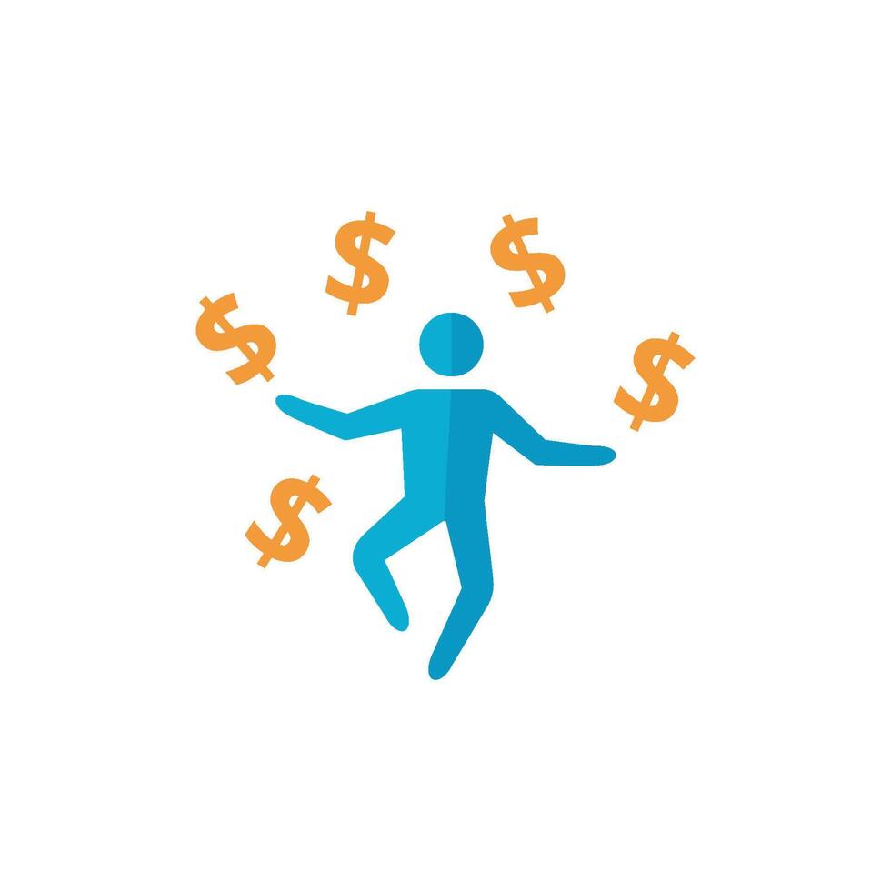Businessman money icon in flat color style. Business wealth dollar sign happy jump vector