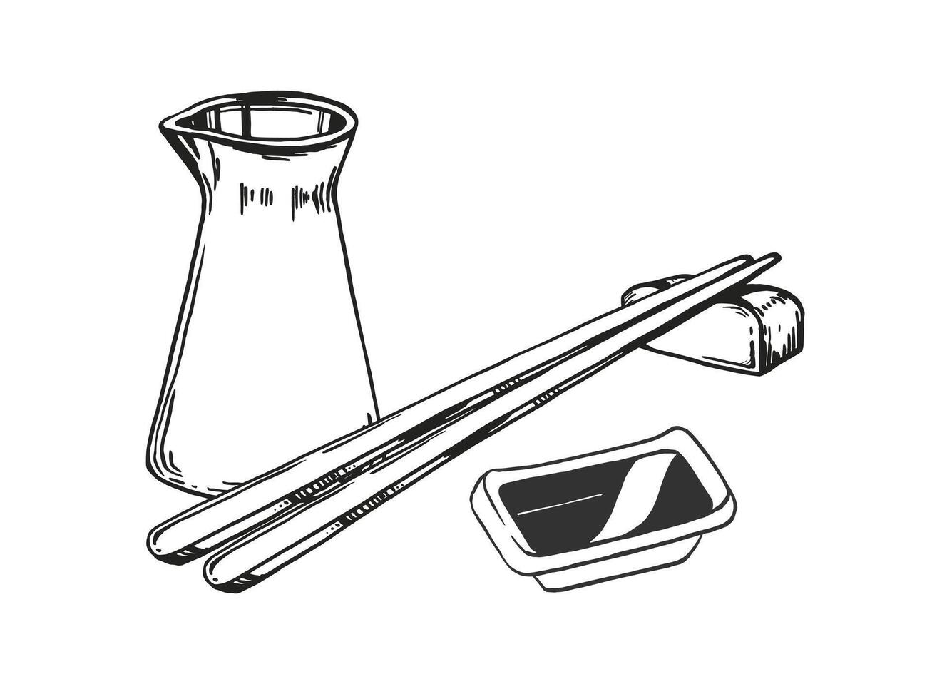 vector ilustración de japonés comida tema con soja salsa en el botella y plato, palillos en un pararse, mano dibujado entintado monocromo bosquejo de Mariscos aislado en blanco antecedentes