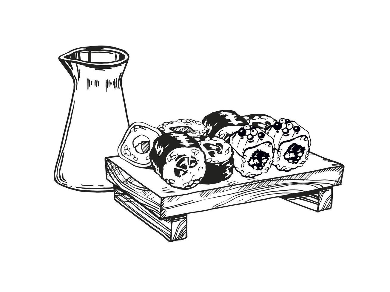 vector illustration of Japanese food theme with rolls, sushi, sashimi, soy sauce on wooden board, hand drawn inked monochrome sketch of seafood isolated on white background