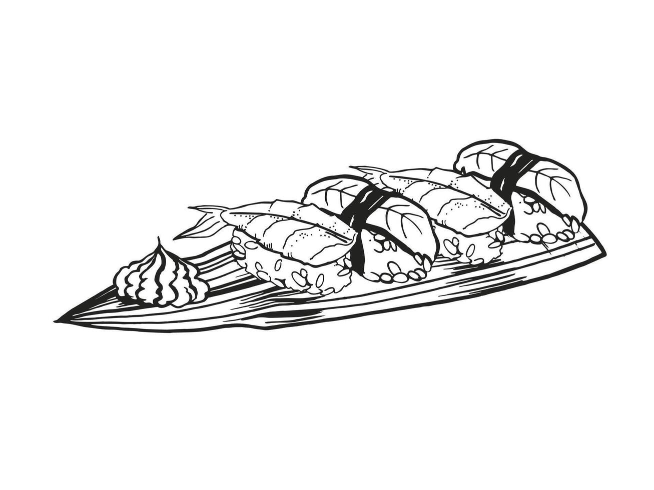 vector illustration of Japanese food theme with rolls, sushi, sashimi, wasabi and bamboo leaves, hand drawn inked monochrome sketch of seafood isolated on white background