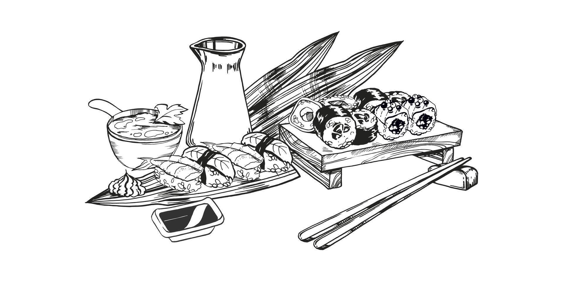 vector illustration of Japanese food theme with rolls, sushi, sashimi, soy sauce, chopsticks, soup and bamboo leaves, hand drawn inked monochrome sketch of seafood isolated on white background