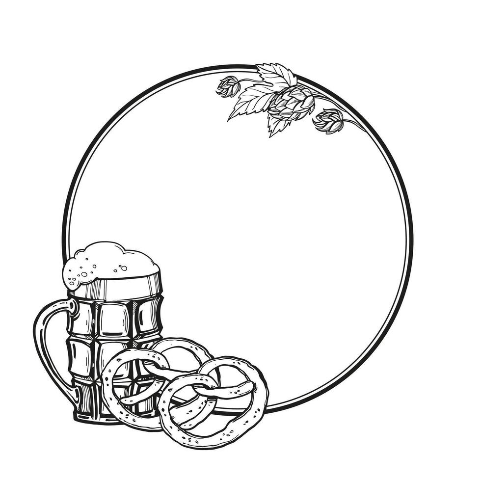 mano dibujado vector marco con cerveza cerveza lentes y galleta salada, salto planta, negro y blanco ilustración de Oktoberfest con cerveza ingrediente, entintado bosquejo aislado en blanco antecedentes