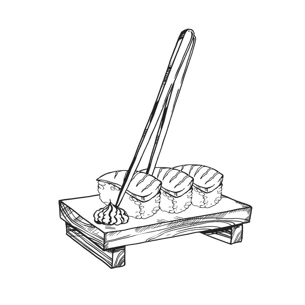 vector illustration of Japanese food theme with sushi, sashimi, wasabi on wooden board and chopsticks, hand drawn inked monochrome sketch of seafood isolated on white background