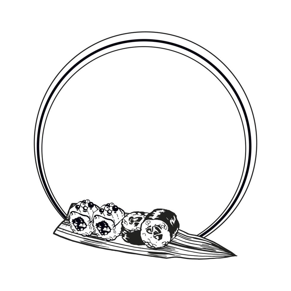vector wreath of Japanese food theme with rolls, sushi, sashimi on leaf, food illustration, hand drawn inked monochrome sketch of seafood, circle frame isolated on white background