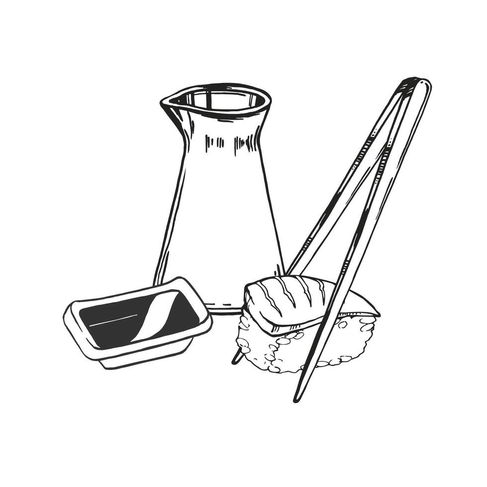 vector illustration of Japanese food theme with sushi, sashimi, soy sauce and chopsticks, hand drawn inked monochrome sketch of seafood isolated on white background