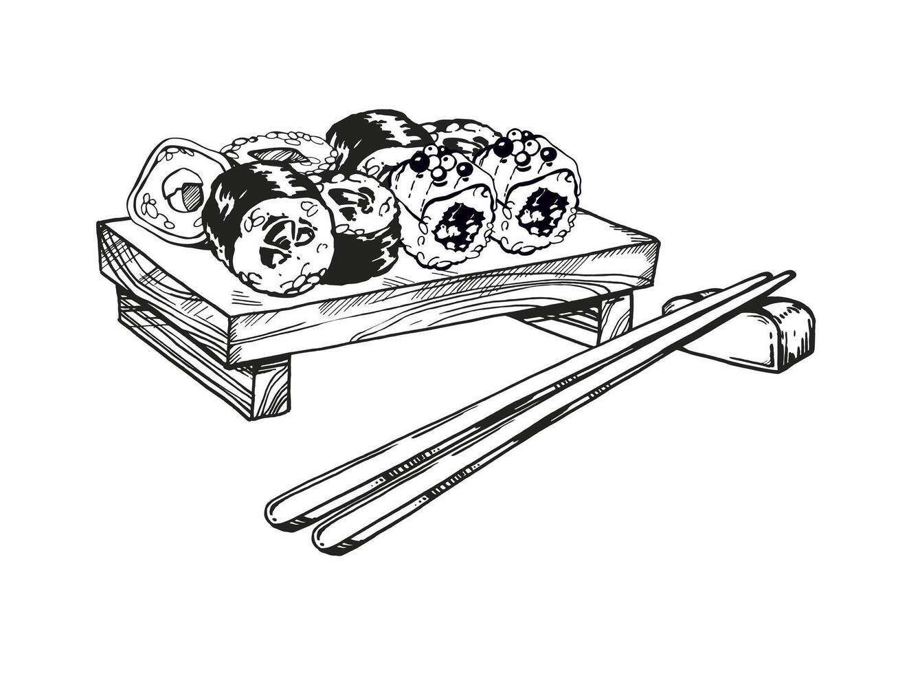 vector illustration of Japanese food theme with sushi, sashimi, wasabi on wooden board and chopsticks on a stand, hand drawn inked monochrome sketch of seafood isolated on white background