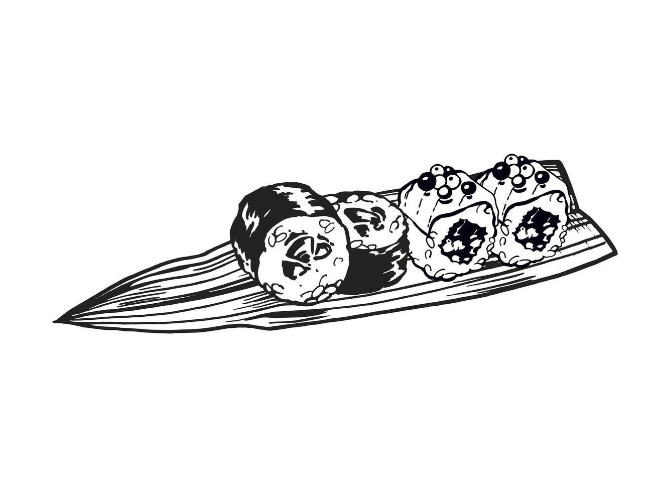 vector illustration of Japanese food theme with rolls, sushi, sashimi, wasabi and bamboo leaves, hand drawn inked monochrome sketch of seafood isolated on white background