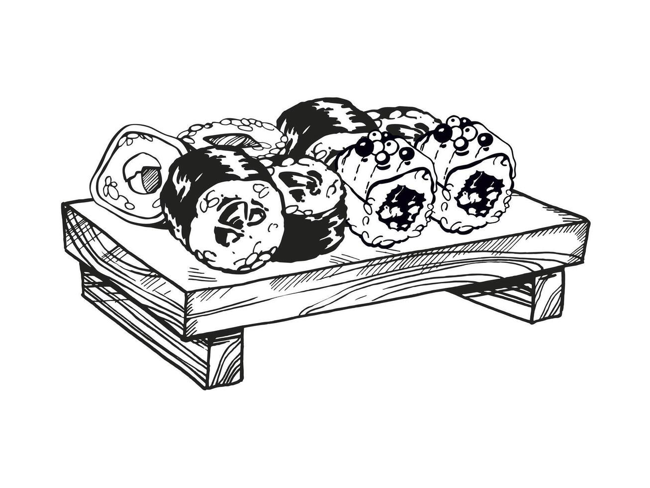 vector illustration of Japanese food theme with rolls, sushi, sashimi on wooden board, hand drawn inked monochrome sketch of seafood isolated on white background