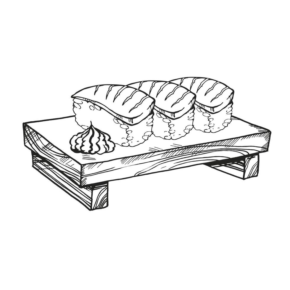 vector illustration of Japanese food theme with sushi, sashimi, wasabi on wooden board, hand drawn inked monochrome sketch of seafood isolated on white background