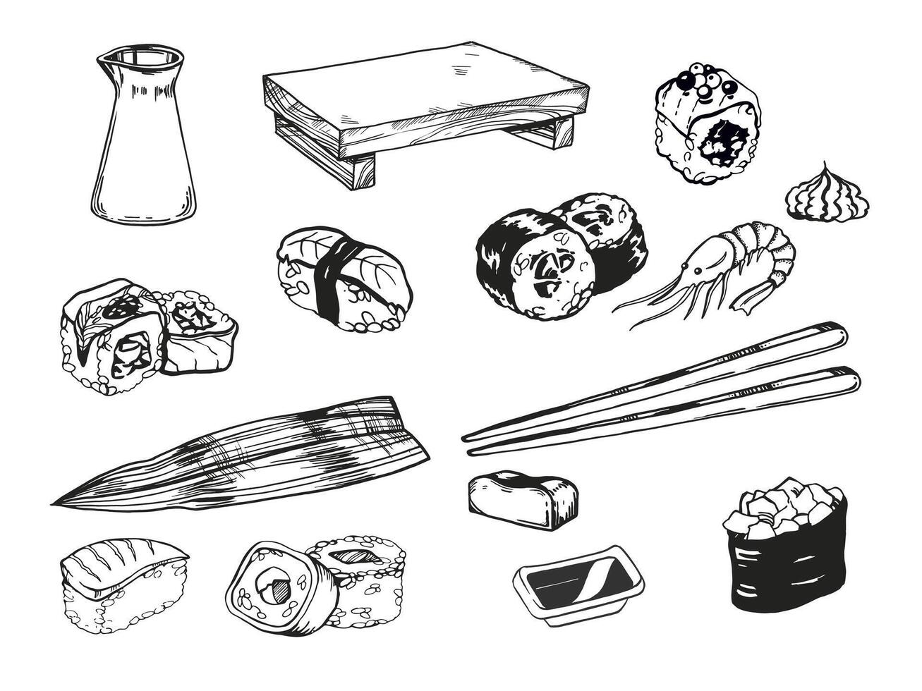 vector set of Japanese food theme with rolls, sushi, sashimi, soy sauce, chopsticks, bamboo leaves, wasabi, shrimp, hand drawn illustration, inked monochrome sketch of seafood on white background