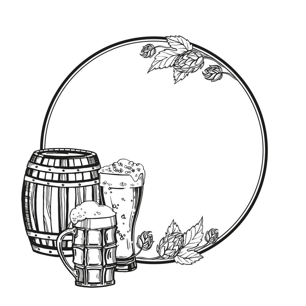 mano dibujado vector marco con de madera barril para vino, cerveza, whisky y cerveza anteojos, salto planta, negro y blanco ilustración de roble barrilete y cerveza ingrediente, entintado bosquejo aislado en blanco antecedentes