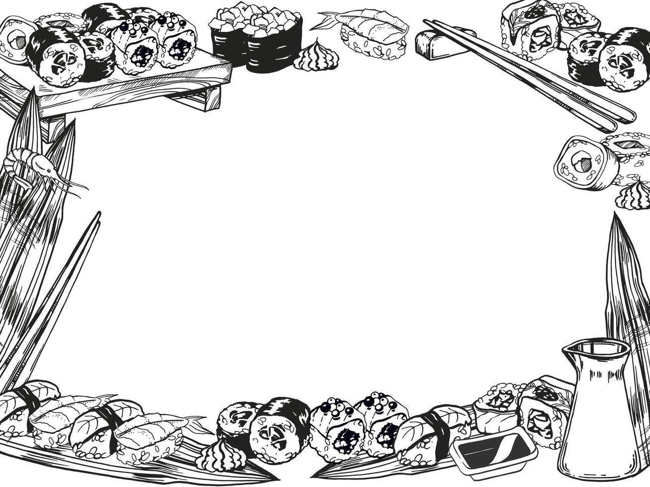 vector illustration of Japanese food theme with rolls, sushi, sashimi, soy sauce, chopsticks, hand drawn inked monochrome sketch of seafood, frame isolated on white background