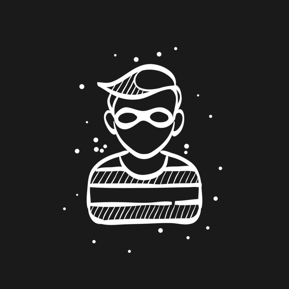 Burglar icon in doodle sketch lines. People person thief steal money sack dollar sign vector