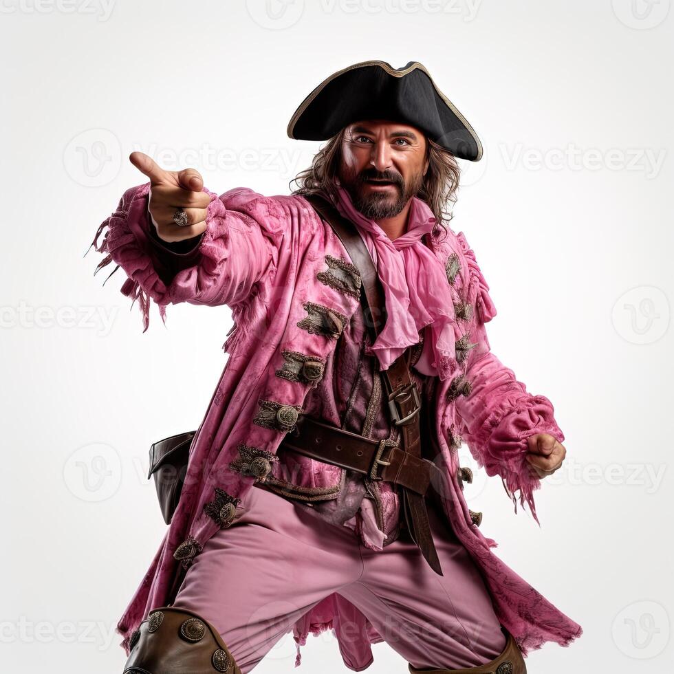 AI generated A middle aged smiling pirate with brown hair and beard wearing a pink cocked hat and outfit points with finger isolated on white photo