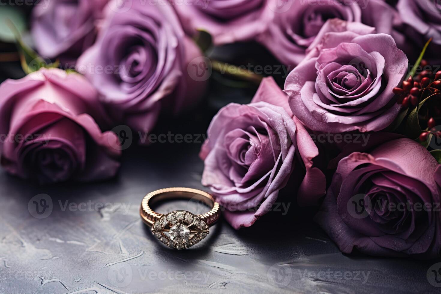AI generated gold ring with diamonds on a background of beautiful purple roses photo