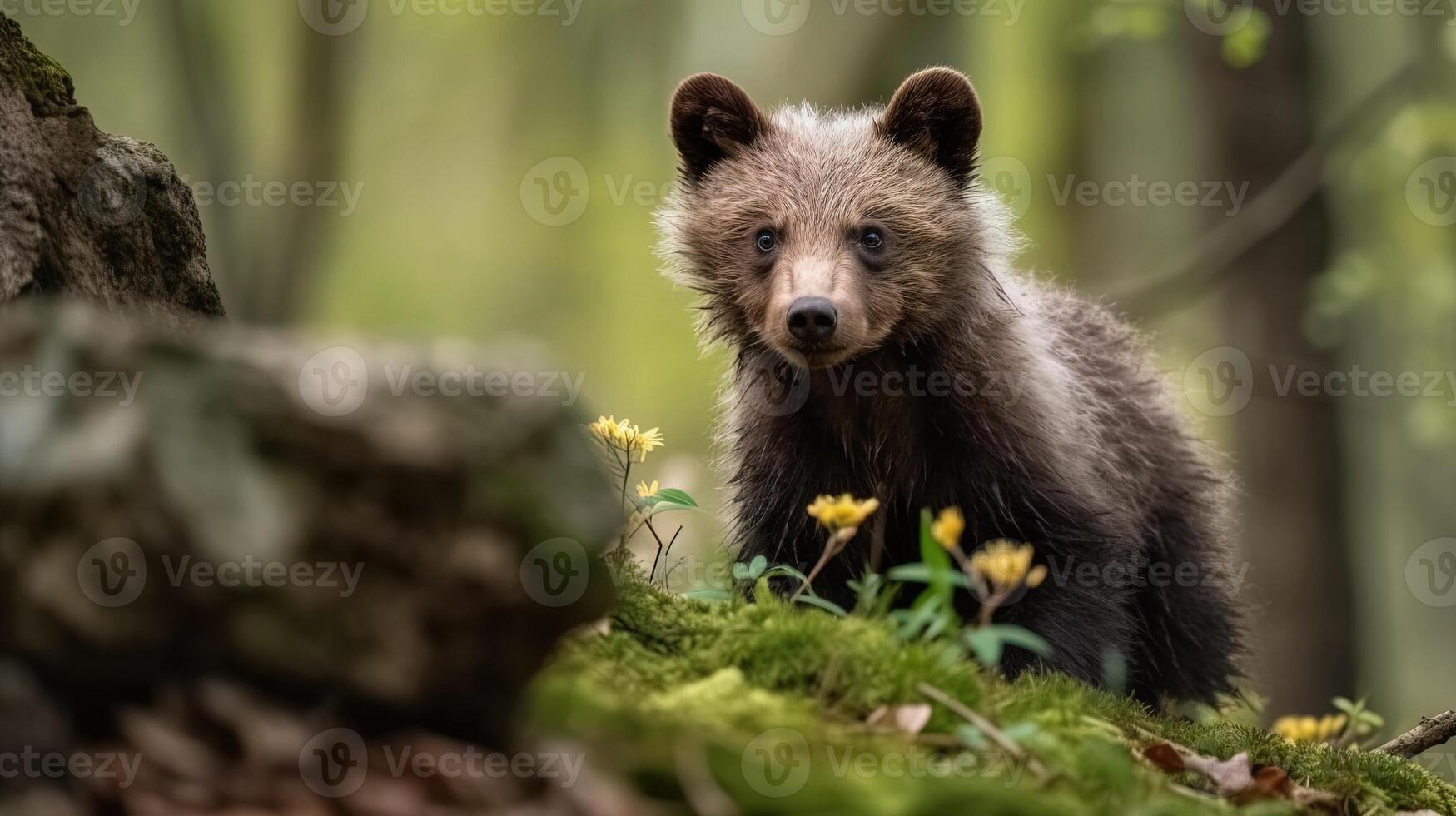 AI generated little bear cub in the spring forest photo