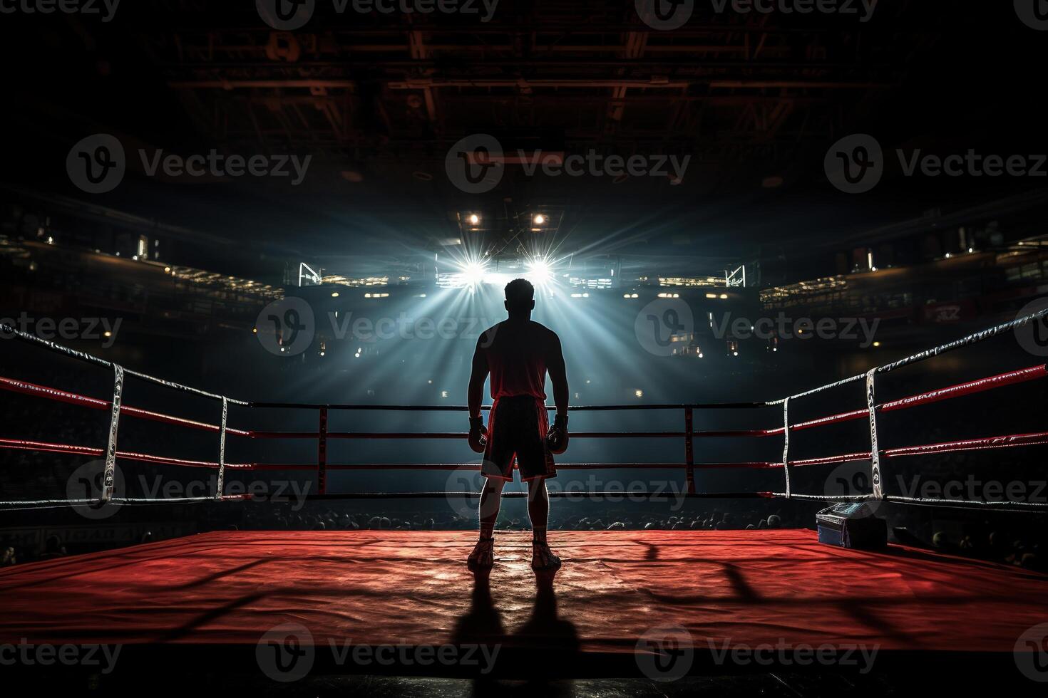 AI generated Rear view of a strong boxer in a boxing ring under spotlights photo