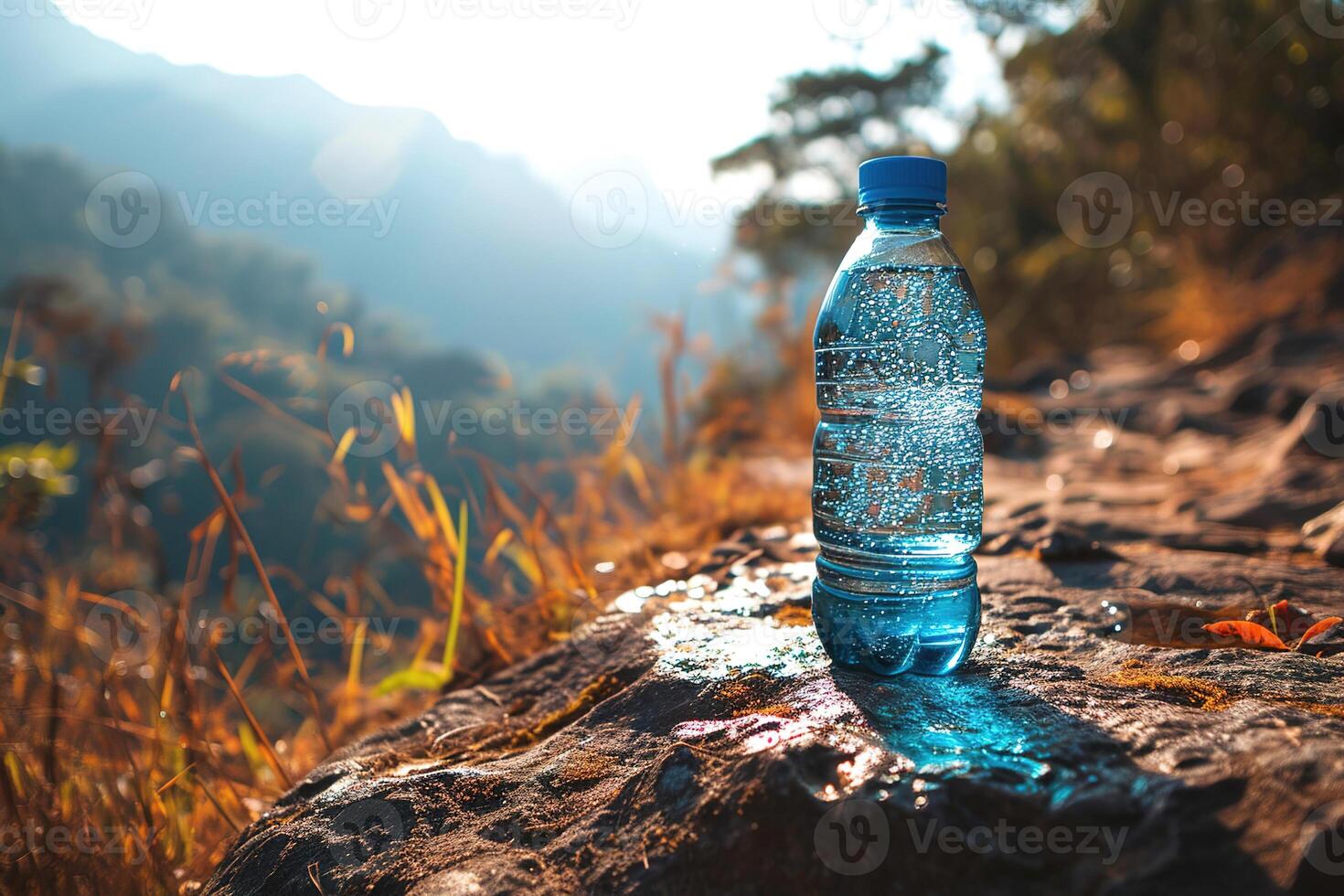 AI generated Small plastic bottle full of pure mineral water on a stone on a blurred sunny mountain background photo
