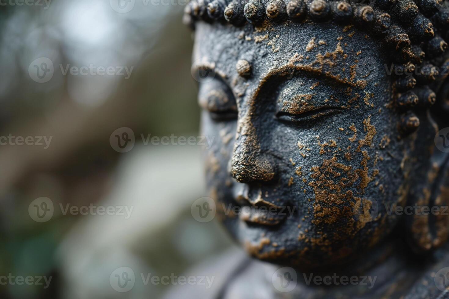AI generated closeup face of bronze buddha statue on nature blurred background photo