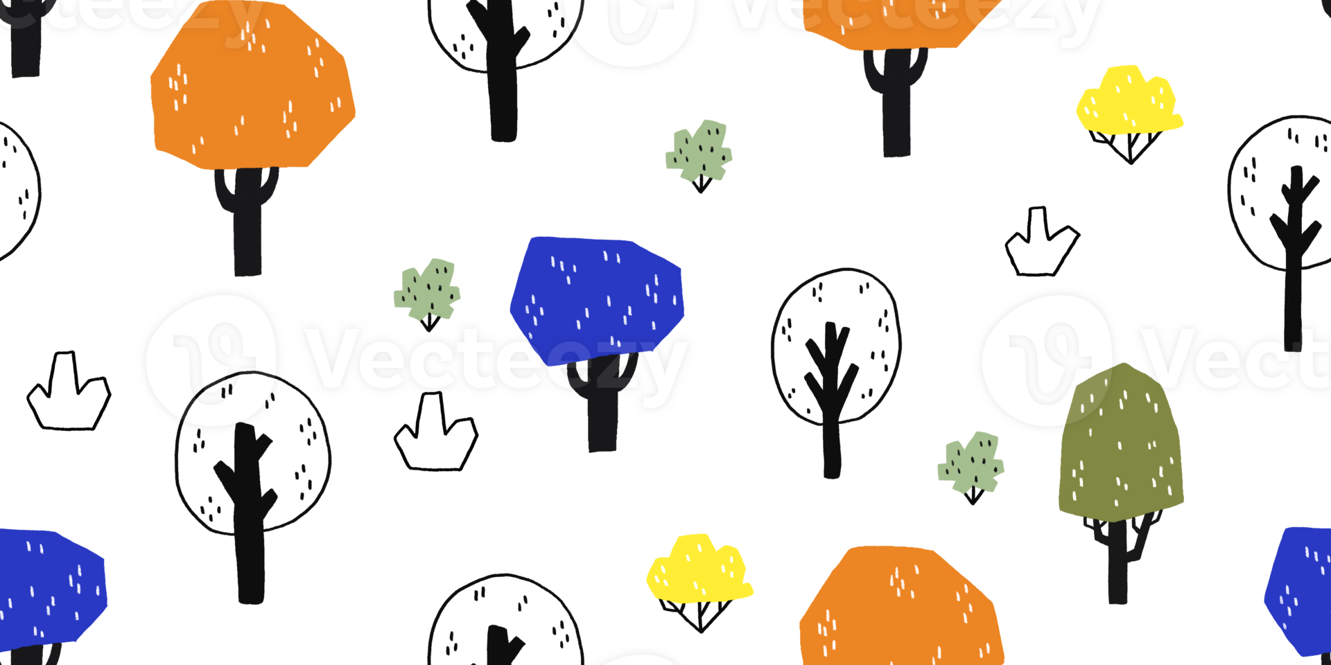 Seamless pattern with colored forest. Cute hand-drawn doodle trees. Simple minimalist baby backdrop for newborns. Trees in Scandinavian style. Cartoon background. Illustration for fabric, textile png