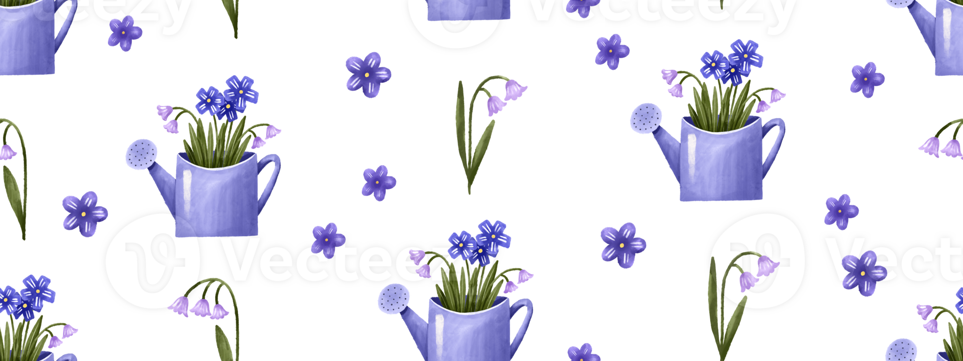 Seamless pattern with forget-me-nots and lilies of the valley. A beautiful lush bouquet in a watering can. Hand drawn illustration. suitable for wrapping paper, wallpaper, decoration. Pattern png