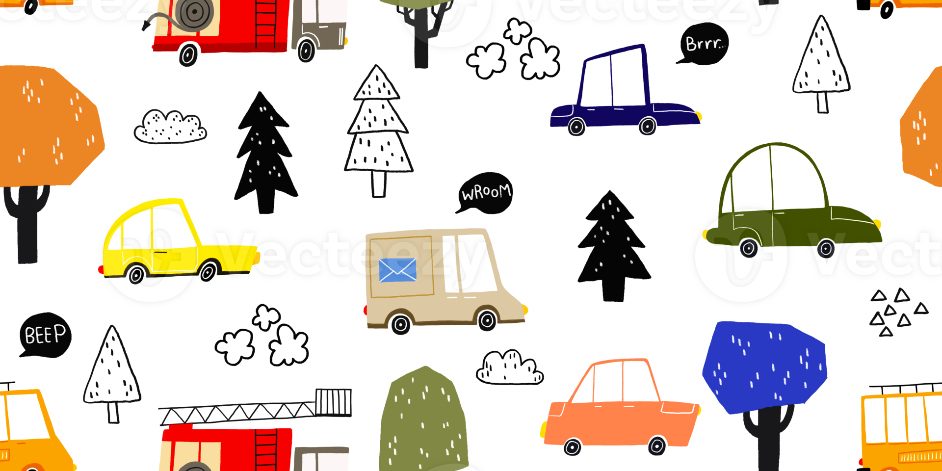 Seamless hand-drawn pattern with city map. Endless background with cars, trucks and fire truck. Cartoon pattern with trees, bushes. Doodle illustration. Cute kids design. illustration design png