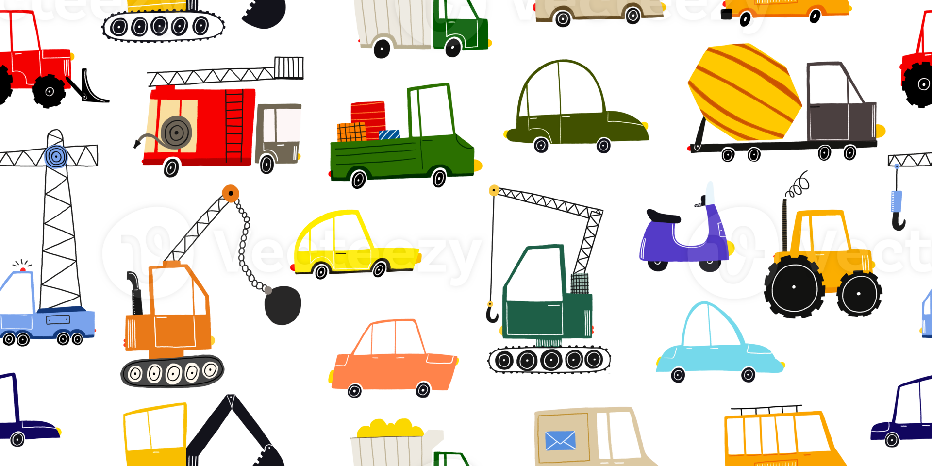 Seamless hand-drawn pattern. Endless background with cars, trucks, excavator, tractor and fire truck, heavy equipment. Cartoon cranes with hook and concrete mixers. Cute kids design png