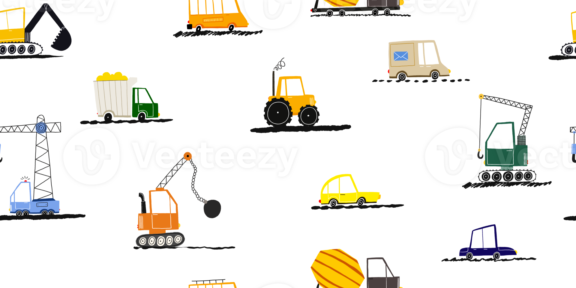 Seamless childish minimalist pattern with heavy construction techniques. Large machines, cranes and trucks. Design for things, textiles, invitations, wrapping papers. Background for boys png