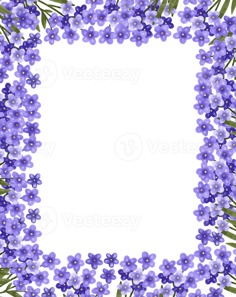Vertical border frame with purple forget-me-not flowers. Delicate spring botanical design with branches of purple blooming flowers and green leaves. Cute background for cards and invitations png