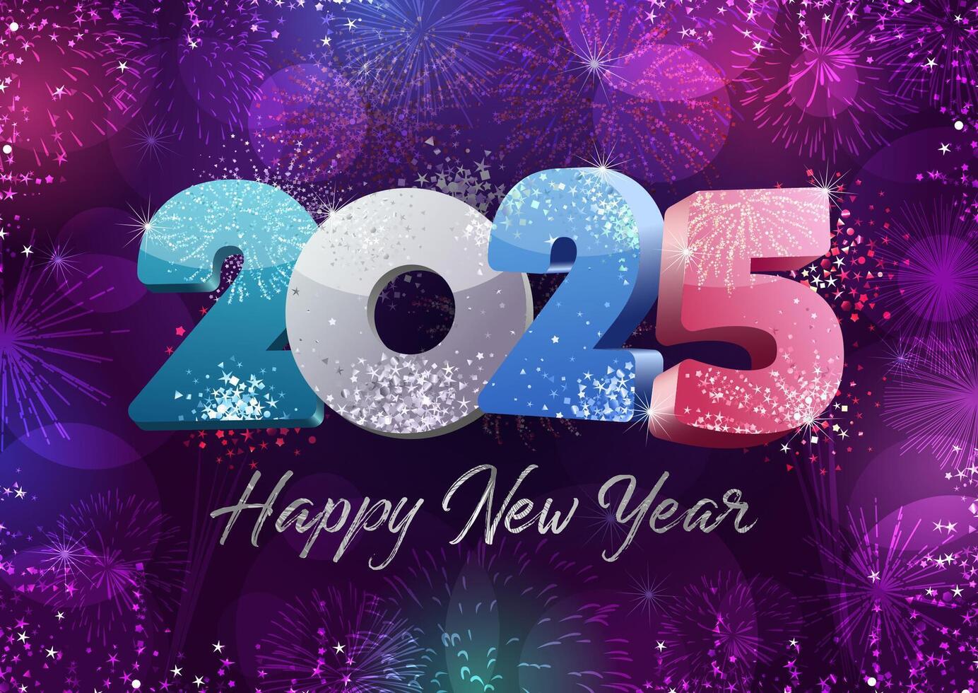 Happy New Year 2025 greeting card concept. Bright number and holiday background. Shiny elements