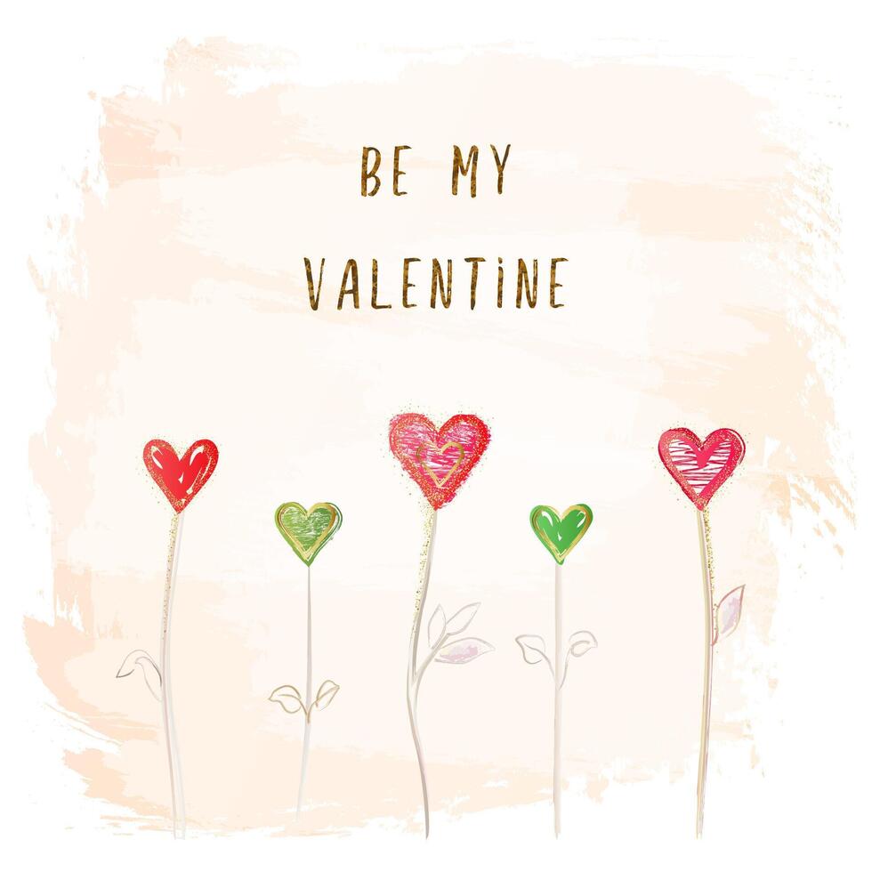 Be My Valentine square greeting card. Watercolor style vector illustration. Happy Valentine's Day postcard concept. Abstract pink background. Handdrawn style hearts. Wish card design. Set of icons.