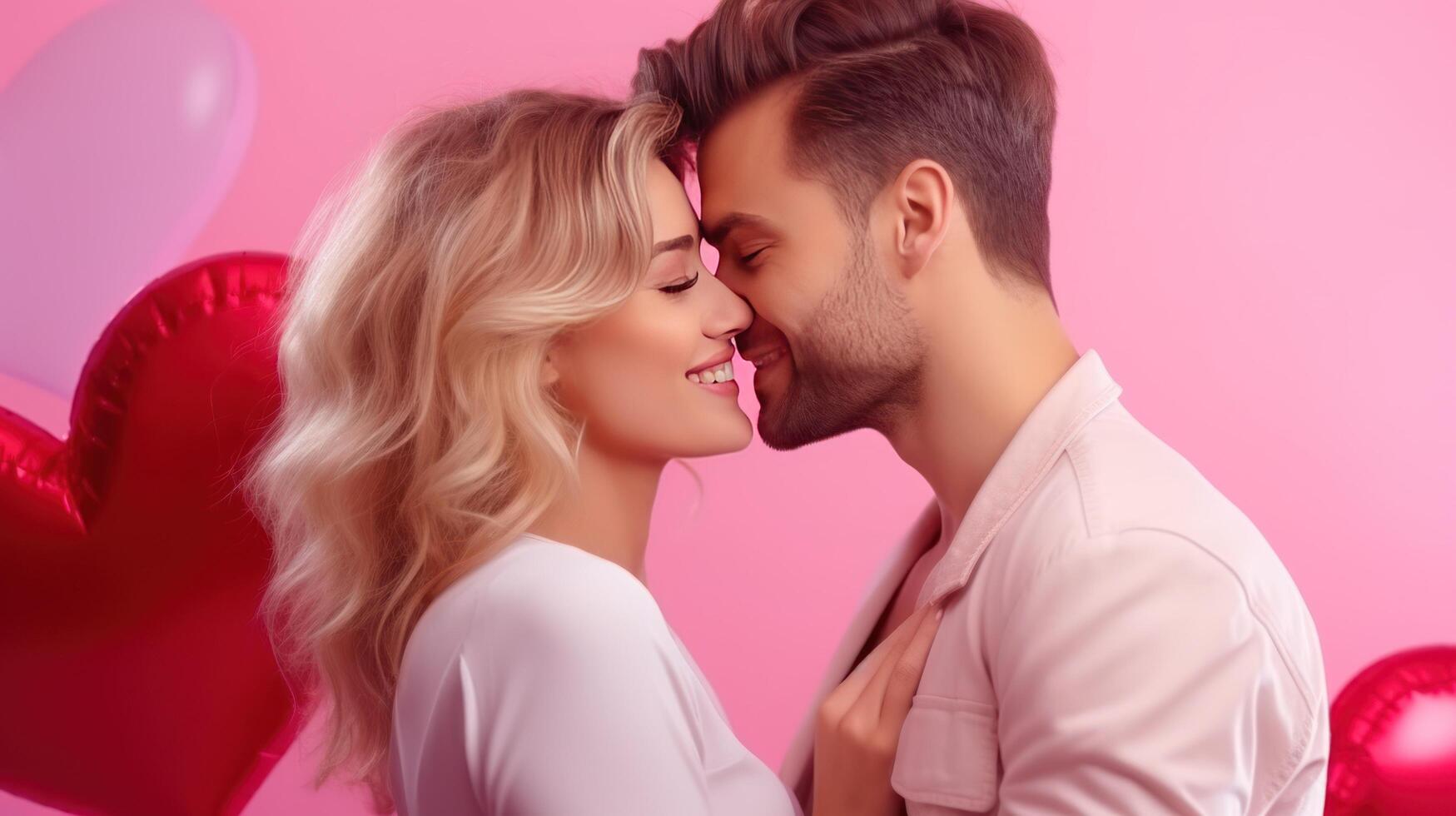 AI generated Woman kisses happy and smiling man Pink background with heart shape Valentine's Day. Emotions. Lifestyle. photo