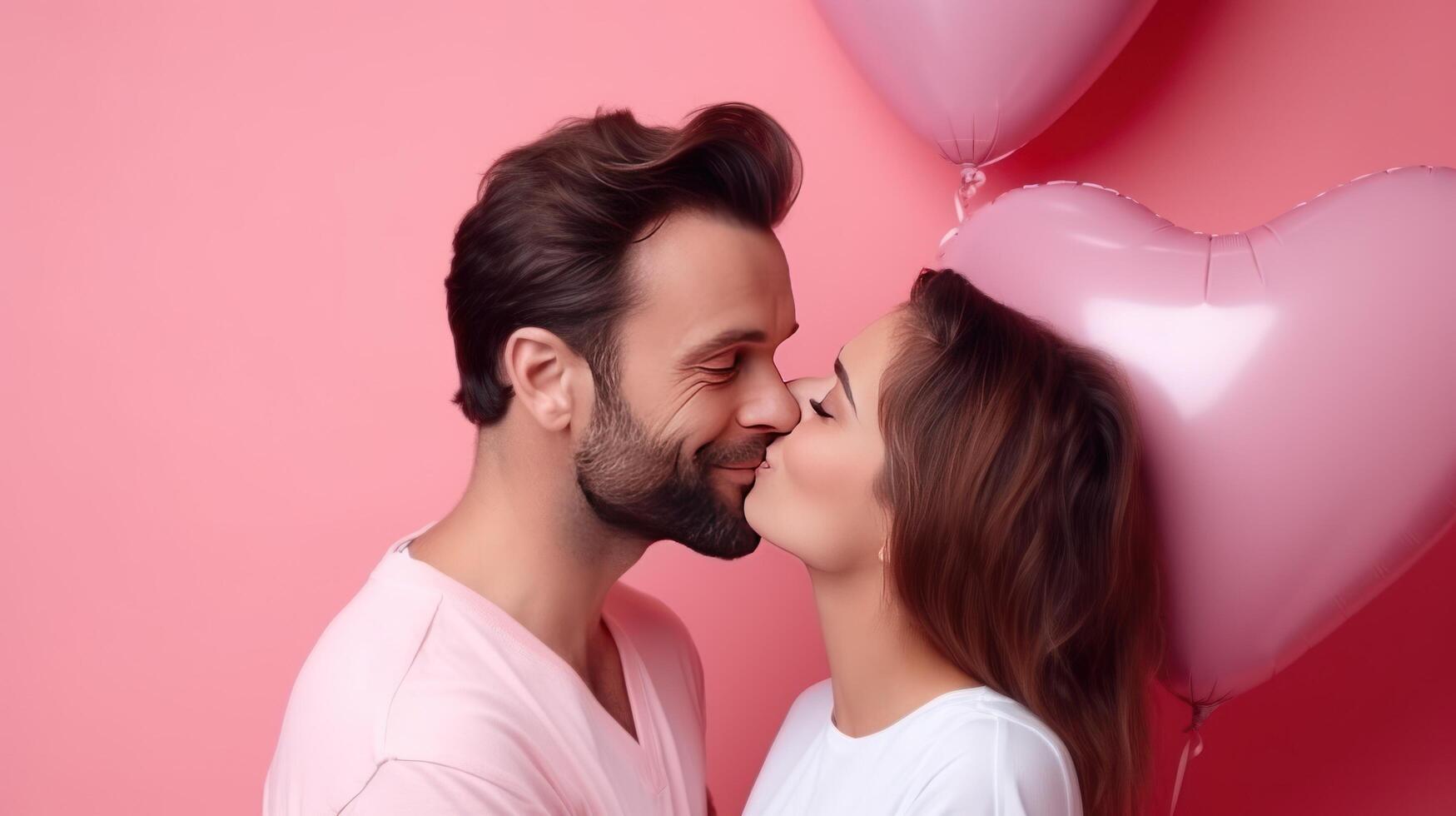 AI generated Woman kisses happy and smiling man Pink background with heart shape Valentine's Day. Emotions. Lifestyle. photo