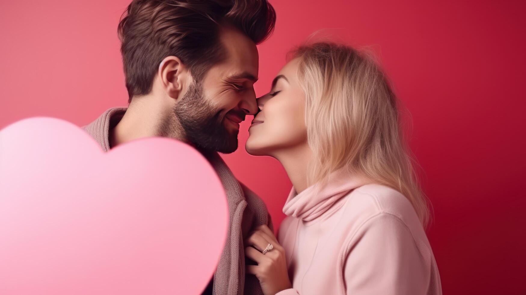 AI generated Woman kisses happy and smiling man Pink background with heart shape Valentine's Day. Emotions. Lifestyle. photo