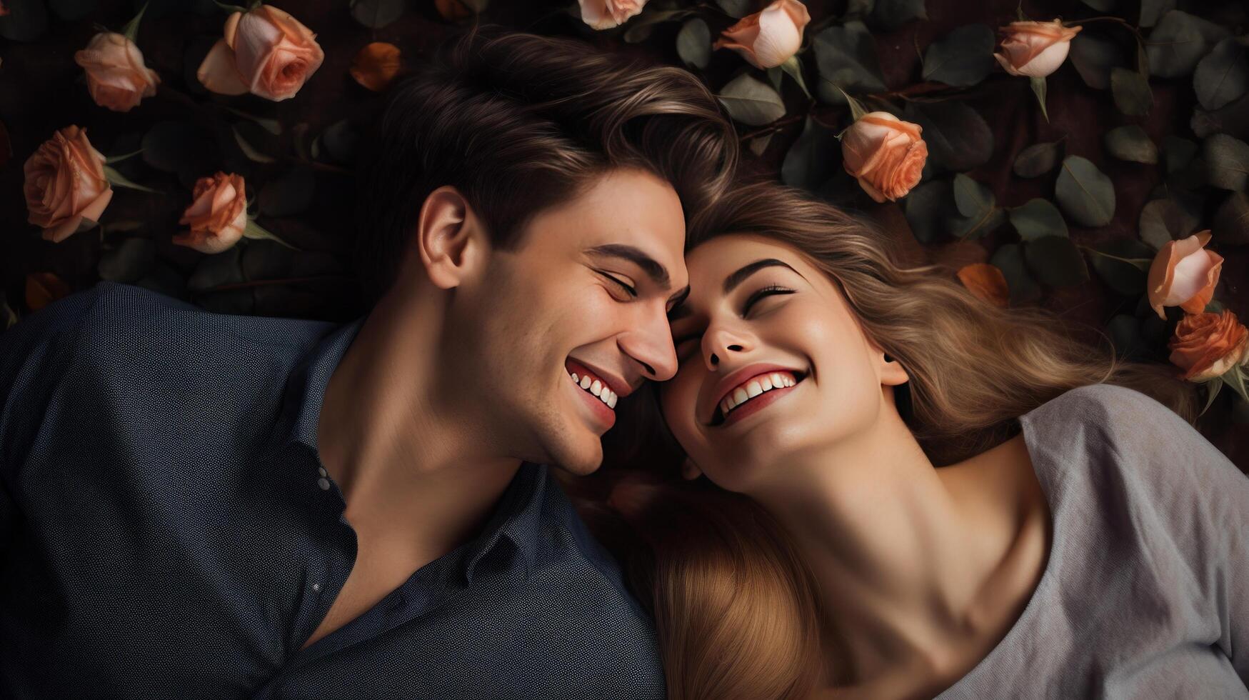 AI generated Top view of happy young couple looking at each other and smiling while lying on wooden floor surrounded by roses photo